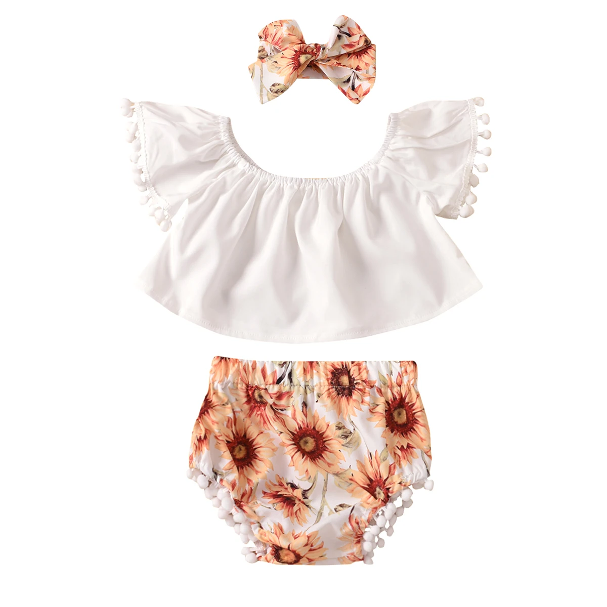 

Infant Newborn Baby Girls Summer Fashion 3-piece Outfit Set Tassel Solid Fly Sleeve Top+Sunflower Print Shorts+Bow Headband Suit
