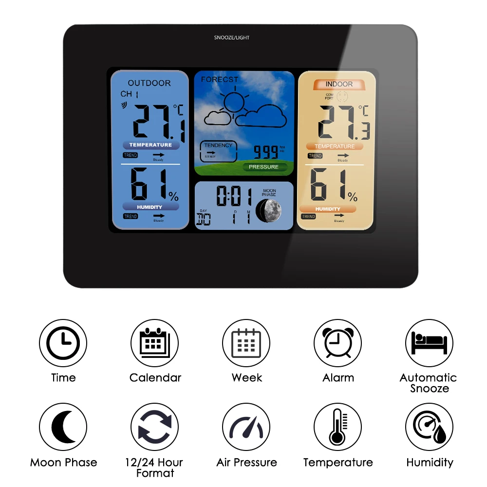 

Hot Home Wireless Digital Weather Station Indoor Outdoor Color LCD Thermometer Hygrometer Alarm Clock Snooze Function AC 230~240