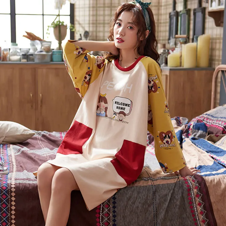 

Multi--Selectable Women's Autumn & Winter Long Sleeve Nightgown Students GIRL'S Pajamas Cotton Loose-Fit Plus-sized Home Wear