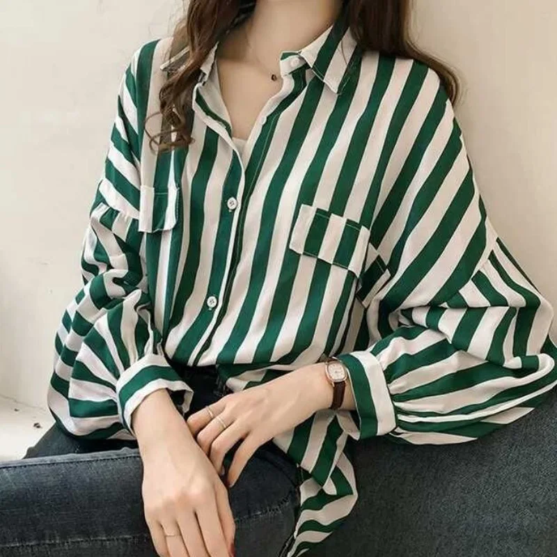 Fashion Women Autumn Shirt High Collar Top Stripe Sweatshirt Long Sleeve Blouse