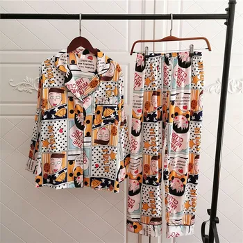 

Spring Autumn New Homewear Pajamas Suit Women 2PCS Sleep Set Intimate Lingerie Satin Print Cartoon Pyjamas Homewear Negligee