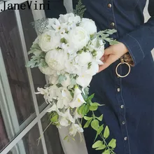 JaneVini Искусственный Свадебный букет водопад Стиль Белый Свадебный букет невесты цветы церковная Свадьба невесты шелковые пионы