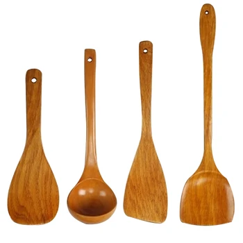 

4pcs Non Stick Tableware Dining Smooth Rice Handhold Kitchen Utensil Cooking Hanging Wooden Spatula Set Shovel Soup Spoon