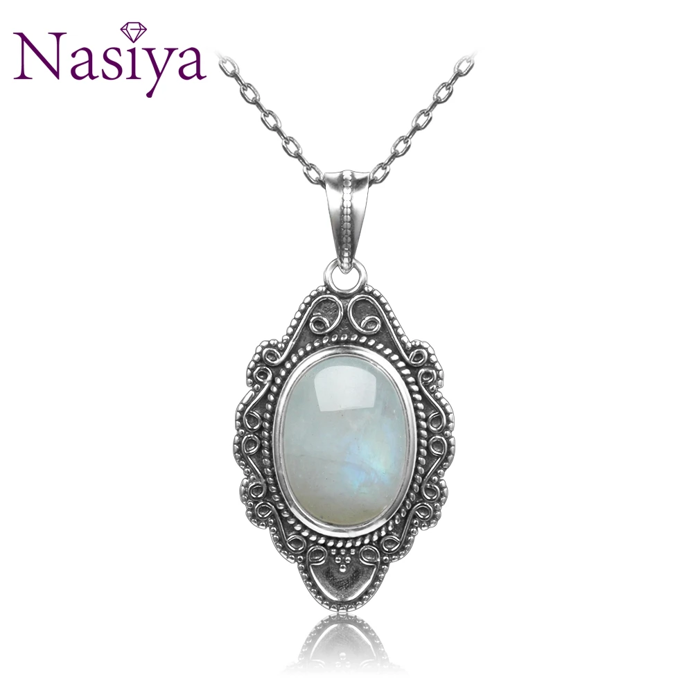 925-Sterling-Silver Jewelry Pendants Necklace Natural Moonstone Chain Women Classic NASIYA