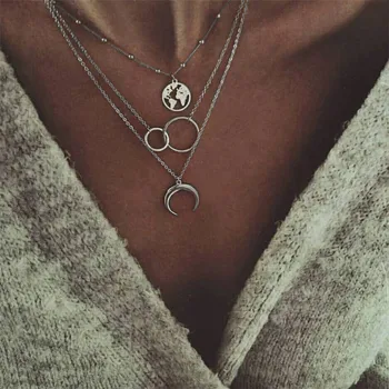 

VAGZEB World Map Necklace Gold Color Moon Map Pendant World Choker Map Crescent Moon Necklaces&Pendants For Women