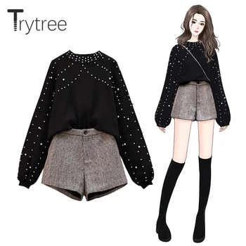 

Trytree Autumn Winter Two piece set Casual Turtleneck Loose Sweater Top + Shorts Button Pockets Office Lady Set 2 Piece Set