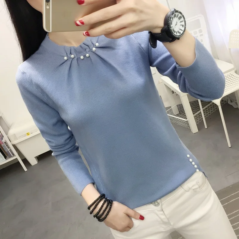 

12766 (room 2, row 5, row 2)Real-time photograph of the new sweater pure color Pullover nail bead undercoat sweater 30