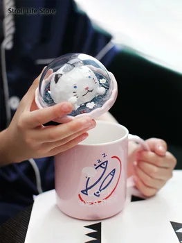 

Cartoon Coffee Cup Mug with Lid Spoon Girls Cat Cute Breakfast Ceramic Milk Cups and Mugs Water Cup Birthday Gift Box CM077