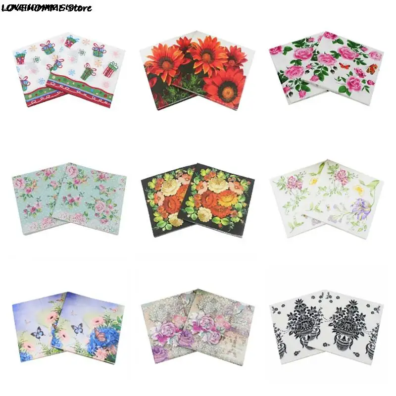20Pcs/Pack Napkins Paper Flower Pattern Decoupage Napkin Paper Tissue for Xmas Wedding Decor Party Table Supplies