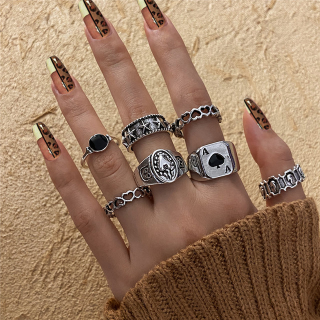 Silver Color Skull Heart Rings Set For Women Men Gothic Chain Retro Rings 2021 Trend Fashion Jewelry