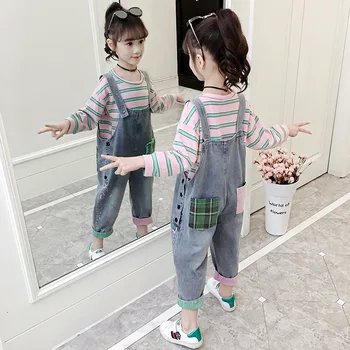

Children's Clothing Girls' Suit Spring and Autumn Striped T-shirt Denim Overall Suit Children's Clothing