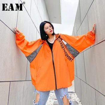 

[EAM] Loose Fit Thin Letter Printed Mesh Sunscreen Big Size Jacket New Hooded Long Sleeve Women Coat Fashion Spring 2020 1U195