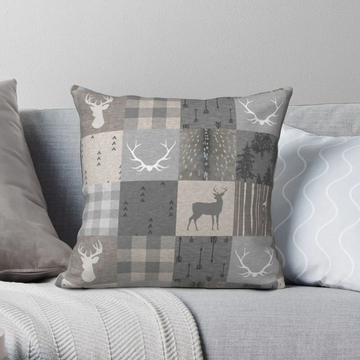 

Чехол для подушки с рисунком деревенского леса, в стиле пэчворк, серая и бежевая квадратная подушка, чехол из полиэстера и льна с бархатным принтом, декоративный чехол для постельного белья на молнии, 18 дюймов
