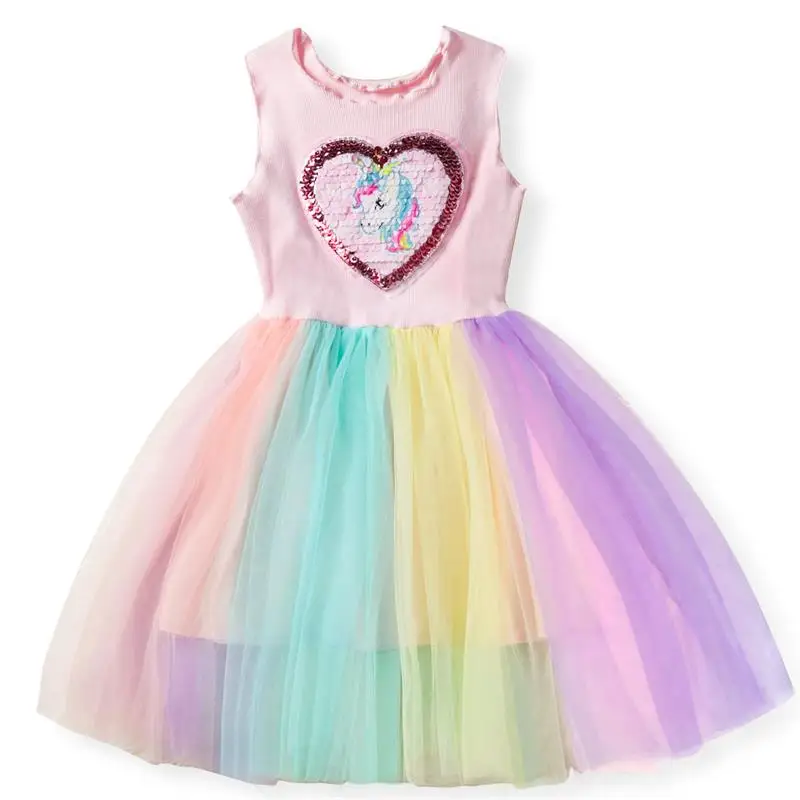 Нарядное платье для девочек от 3 до 8 лет, расшитое блестками, с изображением сердца и единорога, вечерние летние детские платья для девочек с изображением единорога, радуги, Пасхальный костюм - Цвет: As Photo