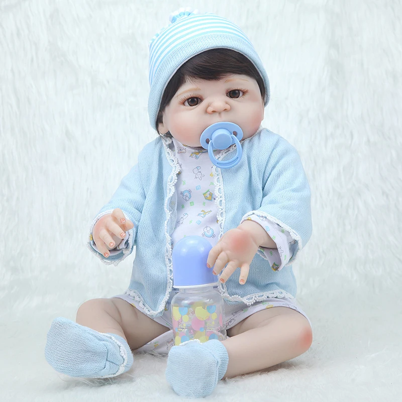 

55CM Reborn Baby Boy Doll Toy Full Silicone BlueSweater Cloth Body Short Hair Realistic Baby Doll Toddler Kid Accompany Gift