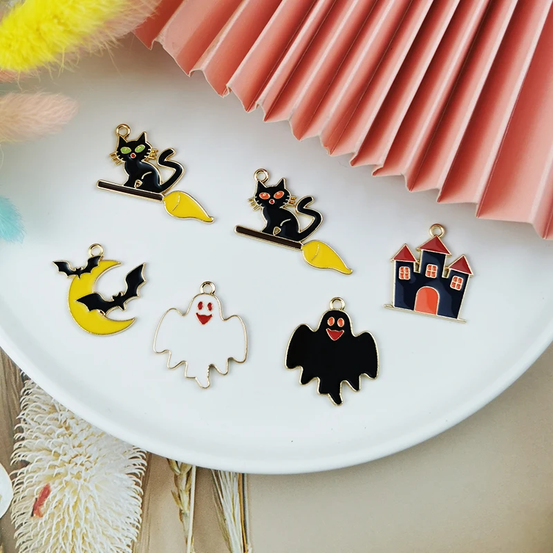 

10pcs Enamel Halloween Decorations Charms Pendant for Jewelry Making Wizard Bat Ghost Cat for Necklace Bracelet Supplies