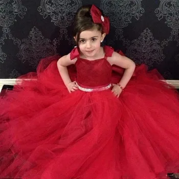 

New Coming Red Tulle Flower Girl Dress with Big Bow Back Lovely Princess Dress with Beading Belt Custom Made Kids Pageant Gowns