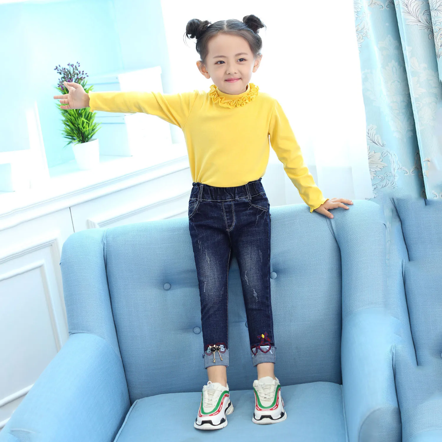 

One up Brother 2019 Autumn And Winter New Style Small Medium Large Childrenswear GIRL'S Jeans Korean-style Lettered Embroidered