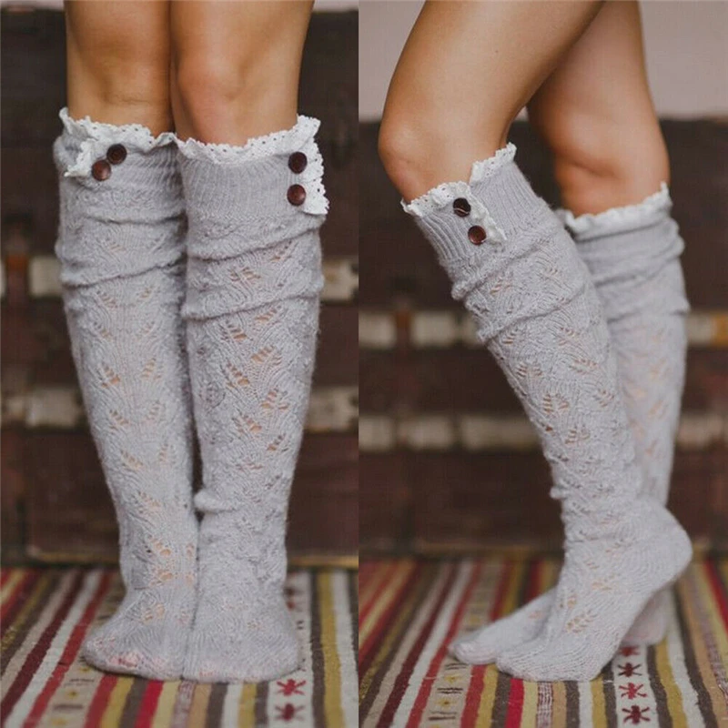 

Autumn And Winter Solid Color Woven Stockings, Button Lace Pattern Female Knee-length Socks, Warm And Fashionable