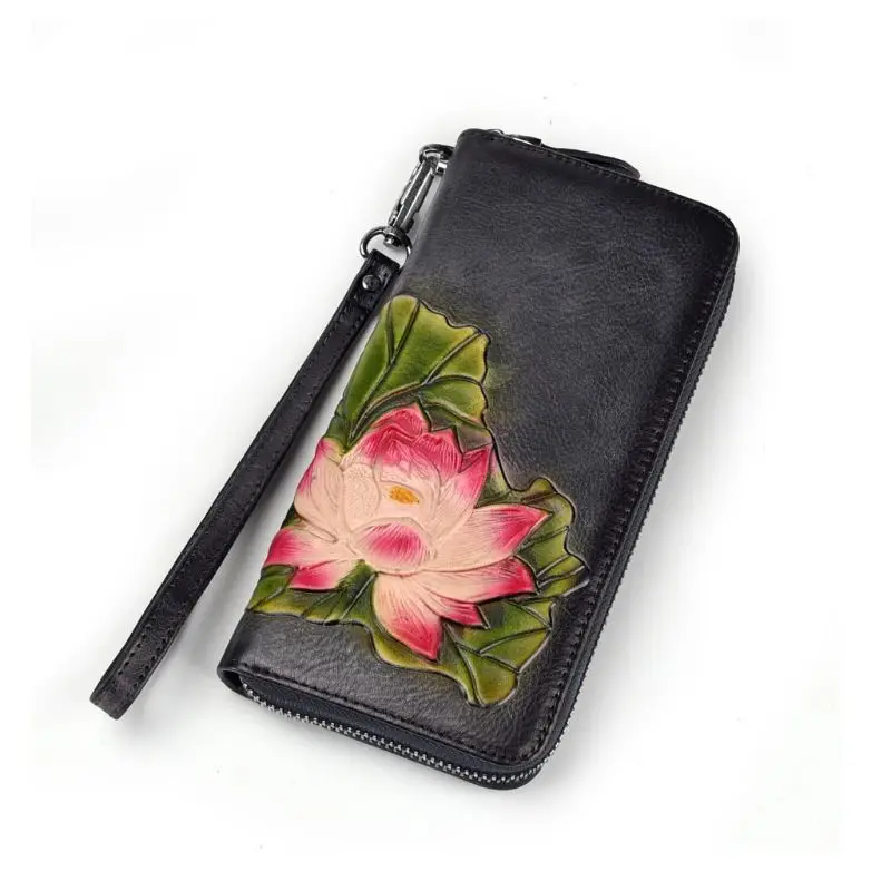 Long Leather Wallet Card Holder Embossing Flower Women Zipper Phone Bag Coin Wristlet Purse Handbag