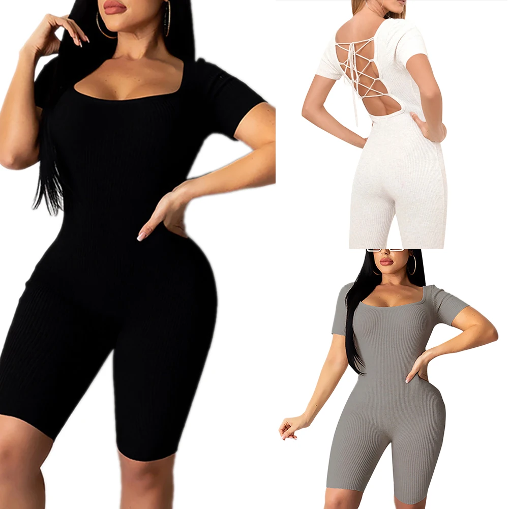 

AA 2020 Knit Summer Jumpsuit Women Sports Tracksuit Bodysuit Bandage Hollow Jumpsuits Square Collar Romper Short Sleeve Playsuit