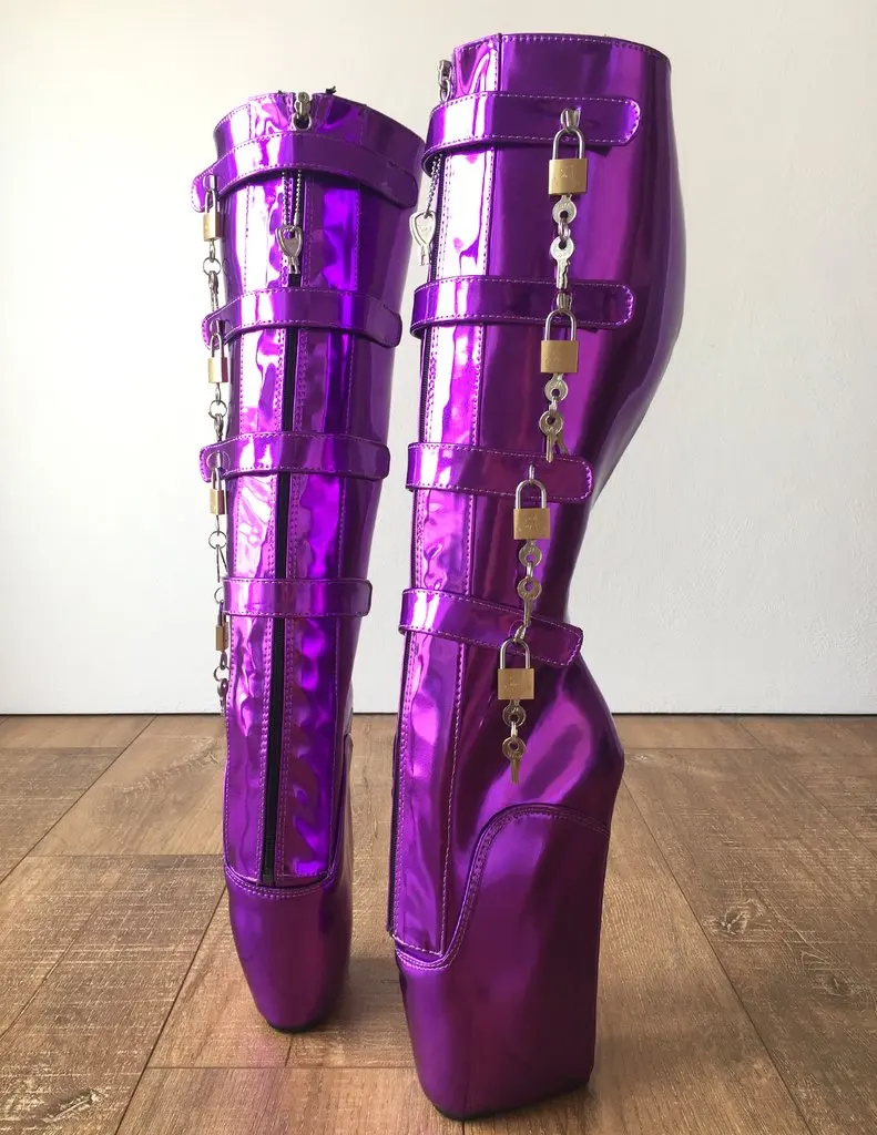 8 замков, балетные сапоги, женские туфли на танкетке, большие размеры, с пряжкой, с ремешками, цвета металлик, фиолетовый, фетиш, каблуки, готические сапоги для женщин - Цвет: Metallic Purple