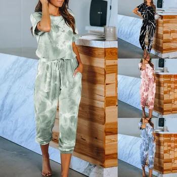 

Women's Summer Tie Dye Jumpsuit Print Short Sleeve Jumpsuit Drawstring Homewear Sexy Romper