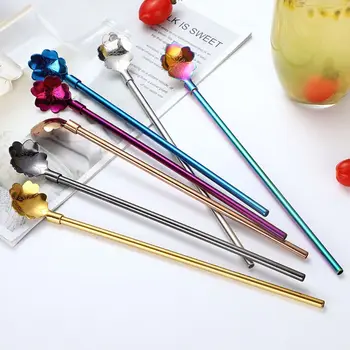 

7pcs Stainless Steel Long Straw Spoon Stirring Scoop Reusable Coffee Tea Drink Cocktail Mixing Teaspoon Bar Accessories