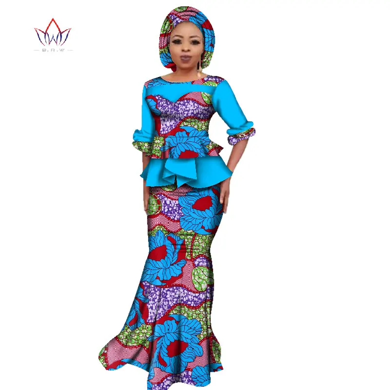 Летний Африканский Дашики для женщин o-образный вырез юбка набор натуральный Базен Riche африканская мода одежда Хлопок размера плюс BRW WY2394 - Цвет: 19