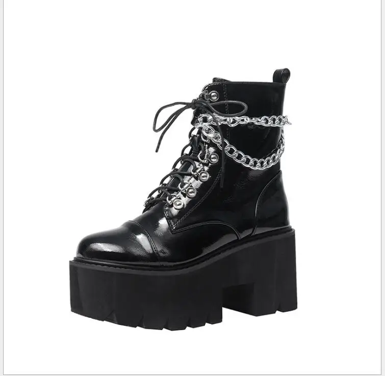 Fashion Chunky Classic Motorcycle Boots for Women Autumn Winter Black Fashion Round Toe Lace-up Black waterproof Boots Ladies