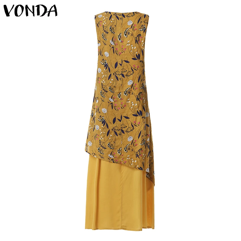 Асимметричное длинное платье VONDA, женское летнее сексуальное длинное платье без рукавов с v-образным вырезом, повседневное свободное летнее платье размера плюс, Vestidos