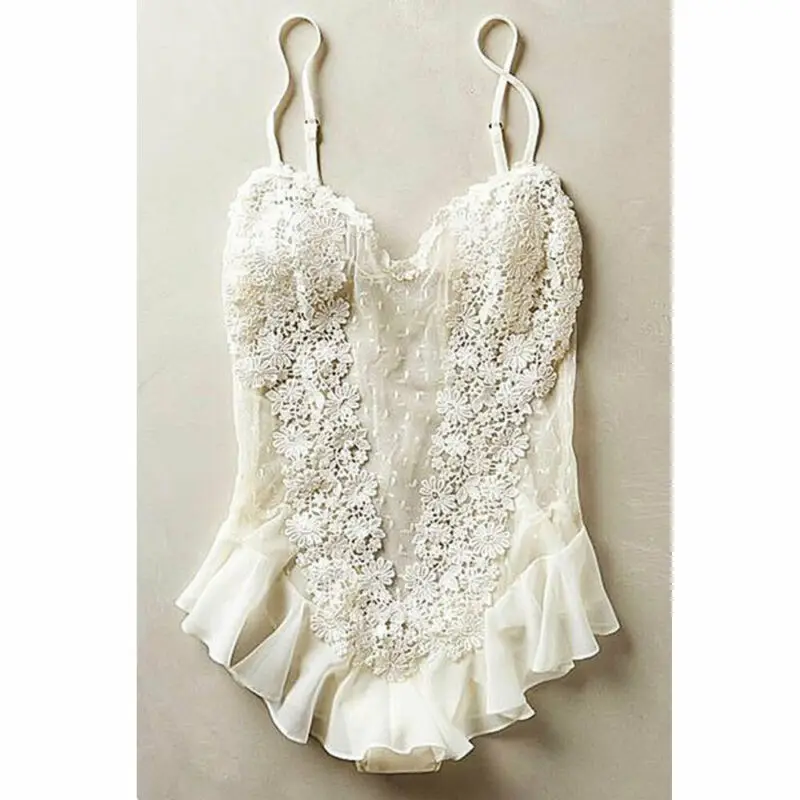 Women Sexy Lingerie Silk Lace Mesh Sleeveless Solid Babydoll Nightdress Sleepwear Bodysuits Erotic Sex See-through Costume