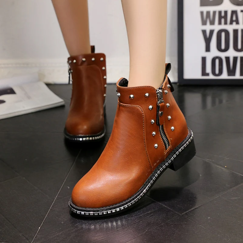 

Lucyever Vintage Rivet Square Heels Platform Ankle Boots for Women Metal Bordered Winter Warm Shoes Woman Leather Botas Female