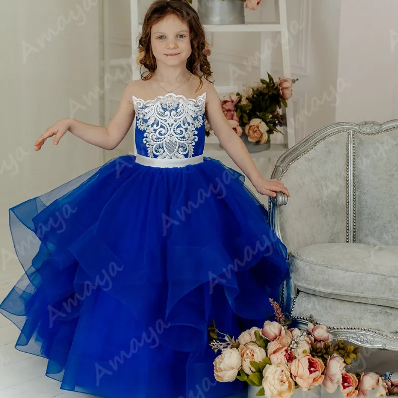 Tanio Amaya Royal Blue Ruffles kwiat dziewczyny sukienki bufiaste koronkowe