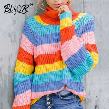 

Rainbow striped women pullover sweater turtleneck long sleeve female sweater Casual streetwear ladies jumper