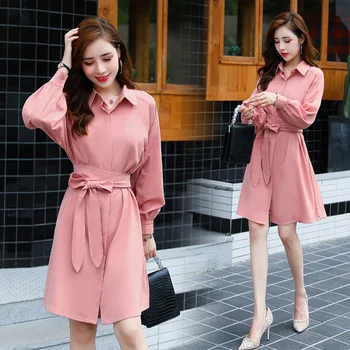 

Shirt Dress 2020 New Style Autumn Loose Waist Hugging Elegant Lantern Sleeve Bow Sense of Design Non-mainstream Skirt