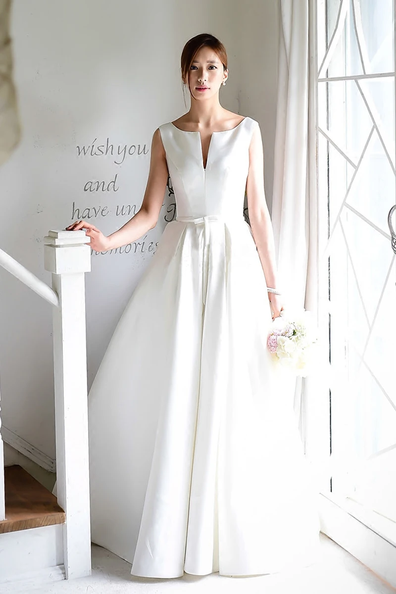 Vestidos de novia Casamento новое популярное Белое Атласное длинное недорогое свадебное платье трапециевидной формы с бантом и поясом