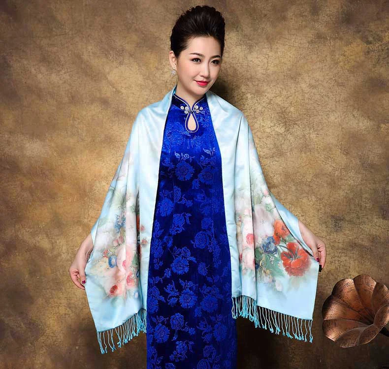 Национальный стиль Cheongsam картина маслом шаль шарф женский шелковый кашемировый шарф ретро свадьба вечеринка накидка палантин обертывания - Цвет: 13