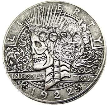 

HB(42)US Hobo 1922 Peace Dollar skull zombie skeleton hand carved Silver Plated Copy Coins