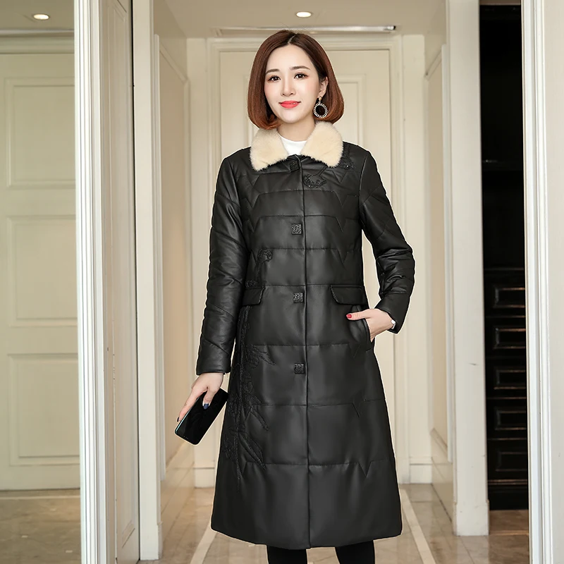 

100% Real Sheepskin Coat Female Winter Natural Mink Fur Duck Down Leather Jacket Women Genuine Leather Down Coats 197291