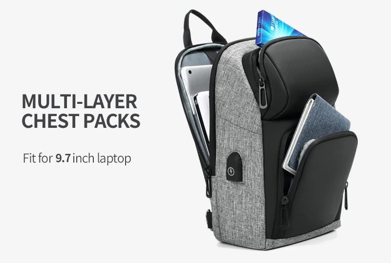 Fashion Men 9.7" IPad Cross Body Shoulder Bag Sling Messenger Bags Water Repellent USB Charging Sports Travel Chest Packs Boys