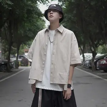

2020 Summer New Youth Popular Solid Color Loose Five-point Sleeve Single-breasted Shirt Fashion Casual Shirt Khaki / White M-XL