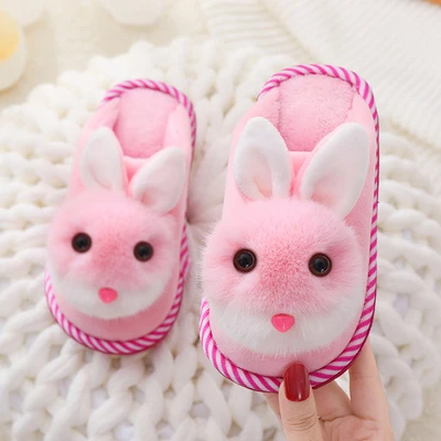 Детские хлопковые тапочки; домашняя обувь для девочек; зимние детские домашние теплые шерстяные тапочки с героями мультфильмов; милые тапочки с кроликами для мальчиков; мягкая обувь - Цвет: pink