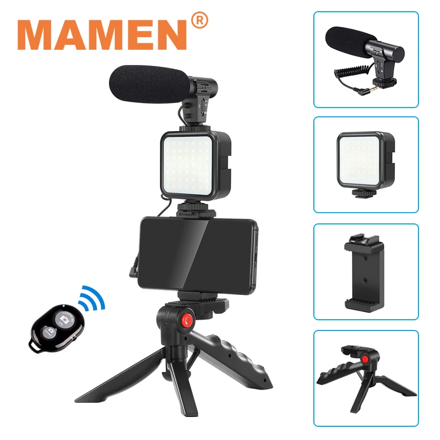 MAMEN-Kit Vlogging para teléfono inteligente, KIT de grabación de vídeo con trípode, disparador de luz de relleno para cámara, Youtube, Vlogger