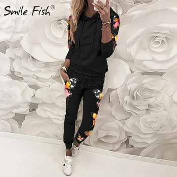 

New Autumn Winter Casual 2 Piece Outfits Women Sweat Suits Patchwork Hoody Hoddies With Ankle-Length Pants Two Piece Set G1172