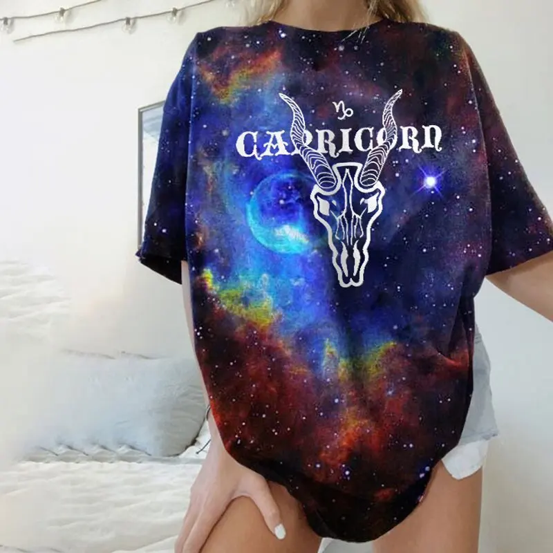 Capricorn Star Sky Print T-shirts Woman Summer Casual Loose Graphic Gothic Letter Short Sleeve O Neck Y2k Harajuku Shirt Tee Top t shirt oversize