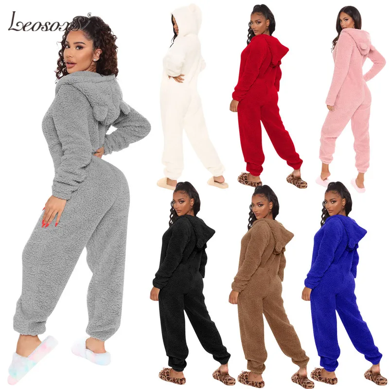 

Women Plush Jumpsuit Long Sleeve Hooded Zipper Pajamas Tracksuits Casual Winter Autumn Warm Rompe Jumpsuit Home Sleepwear