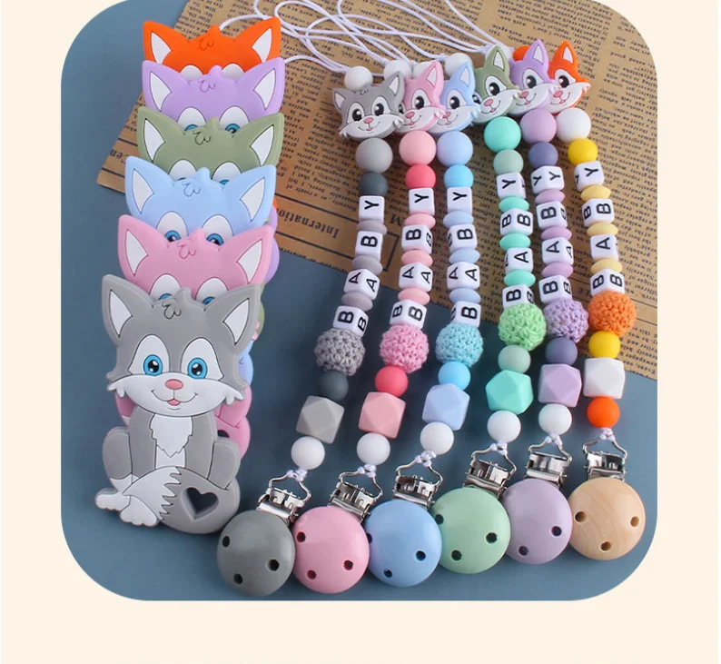 Coskiss Personalized Name Handmade Pacifier Clips Holder Chain Silicone Pacifier Chains Set Civet Cat Baby Teether Chain