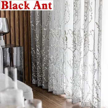 

Chinese Style Wicker Embroidered Tulle Curtain for Bedroom Living room Modern Grey Sheer Voile Window Screen Panel ZH207F