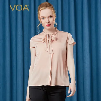 

VOA satin silk streamer stand collar stitching shoulder short sleeve single row dark buckle micro-elastic shirt female BL11